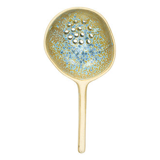 Madam Stoltz Aardewerk serveerlepel mosterd blauw gebroken wit