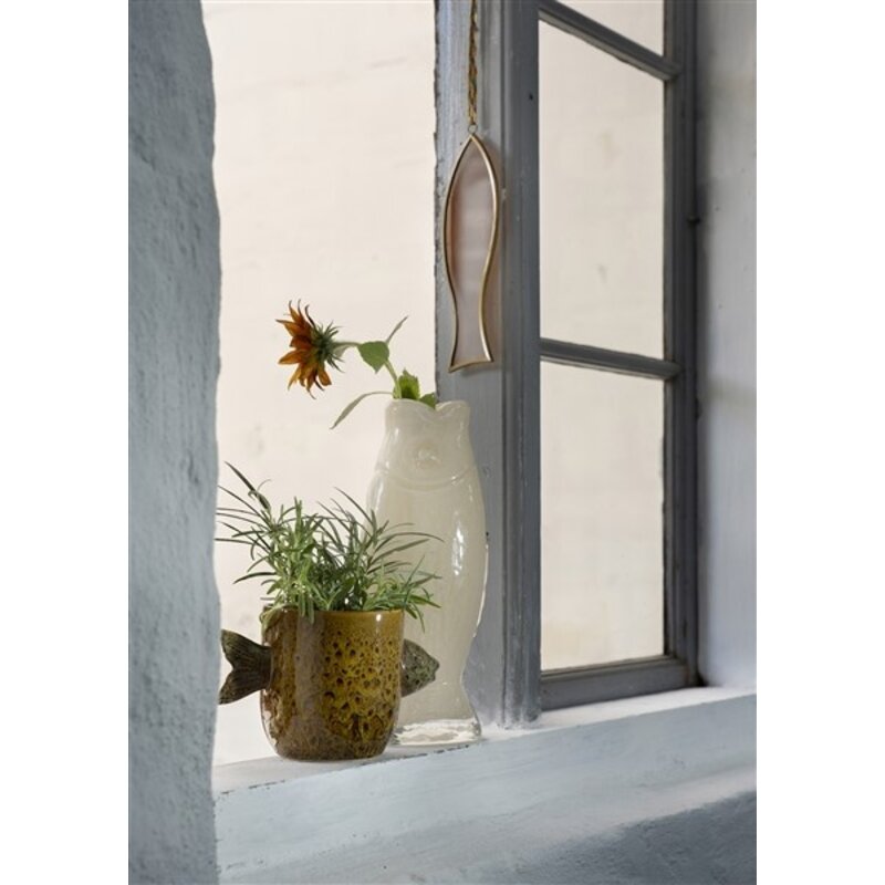 Madam Stoltz-collectie Stoneware flower pot w/ fish Golden brown, green