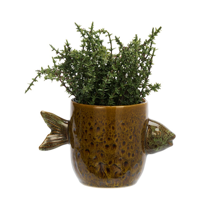 Madam Stoltz-collectie Stoneware flower pot w/ fish Golden brown, green