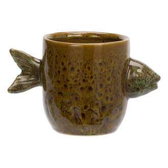 Madam Stoltz Stoneware flower pot w/ fish Golden brown, green