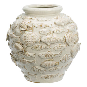 Madam Stoltz Stoneware vase w/ fish Off white