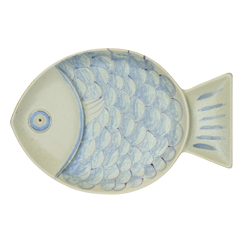 Madam Stoltz-collectie Schaal Vis  aardewerk met vissen licht blauw zand