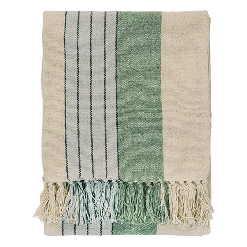 Madam Stoltz-collectie  plaid van gerecycled katoen: gebroken wit groen lichtgrijs zwart