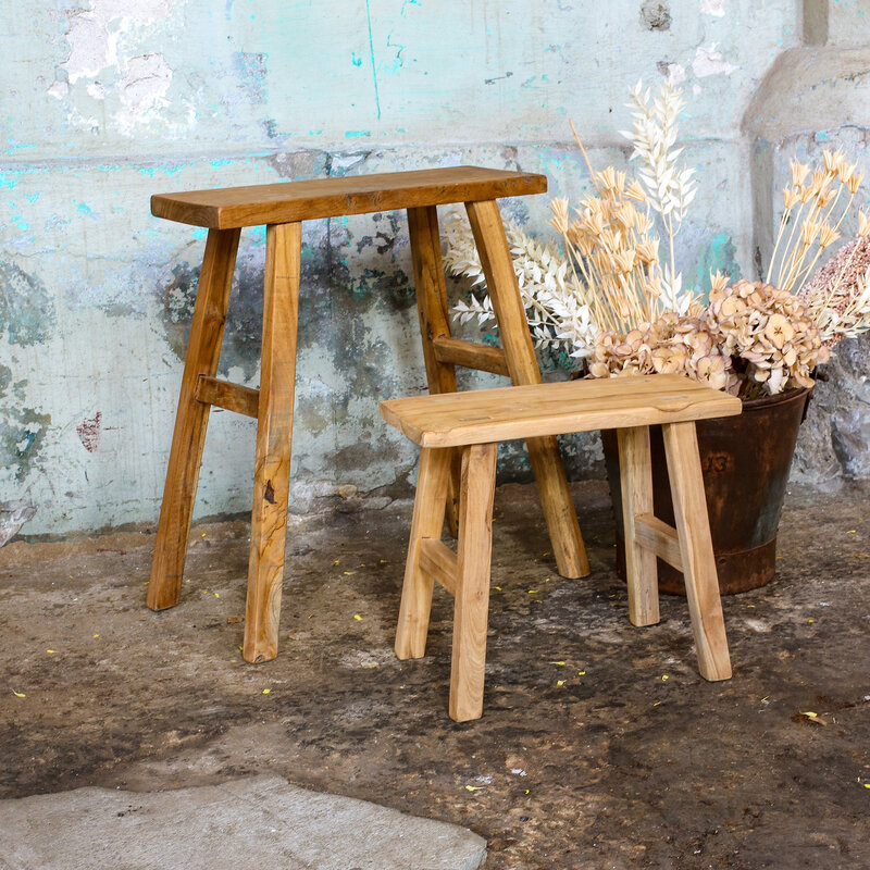 Raw Materials-collectie Java carpenter bijzettafel/bankje - Gerecycled hout - 16x35x30 cm