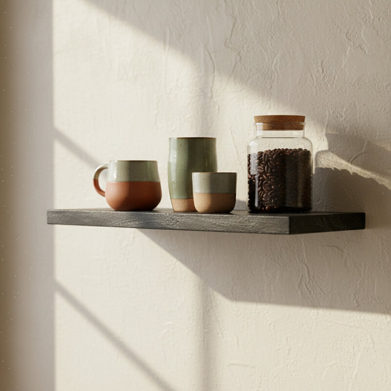 Raw Materials-collectie Zwart zwevende wandplank - FSC-gerecycled hout - 80x18x3,8 cm