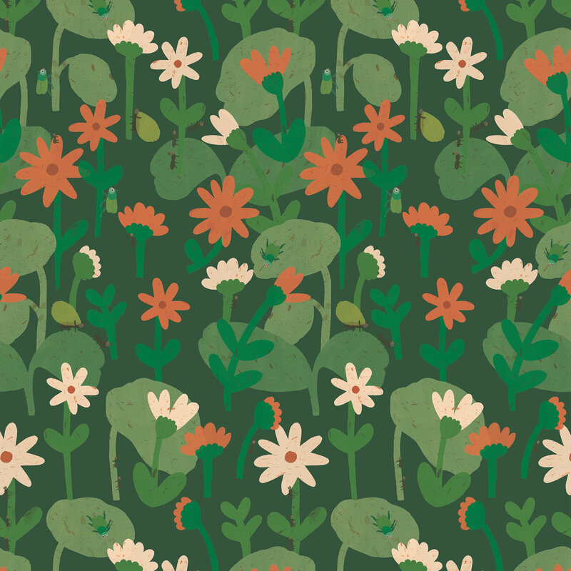 Meet Me at the Wall-collectie Blooming daisies – Forest green Wallpaper by Lotte Dirks | Into the Flowerfields Collection