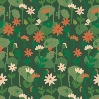 Meet Me at the Wall Blooming daisies – Forest green Wallpaper by Lotte Dirks | Into the Flowerfields Collection