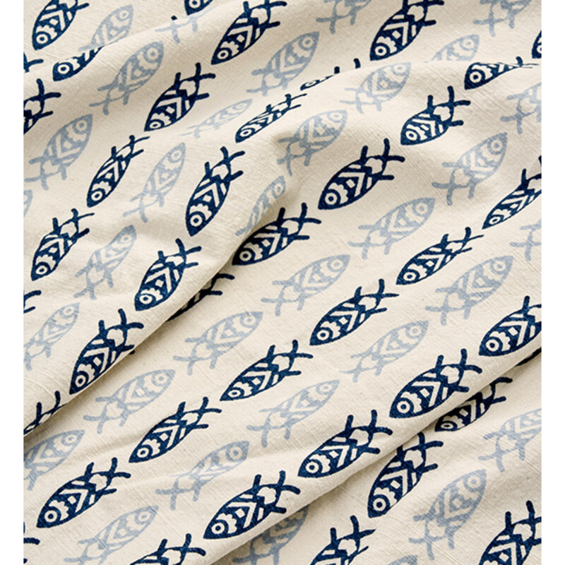 Madam Stoltz-collectie Bedrukt katoenen tafelkleed: gebroken wit donkerblauw lichtblauw