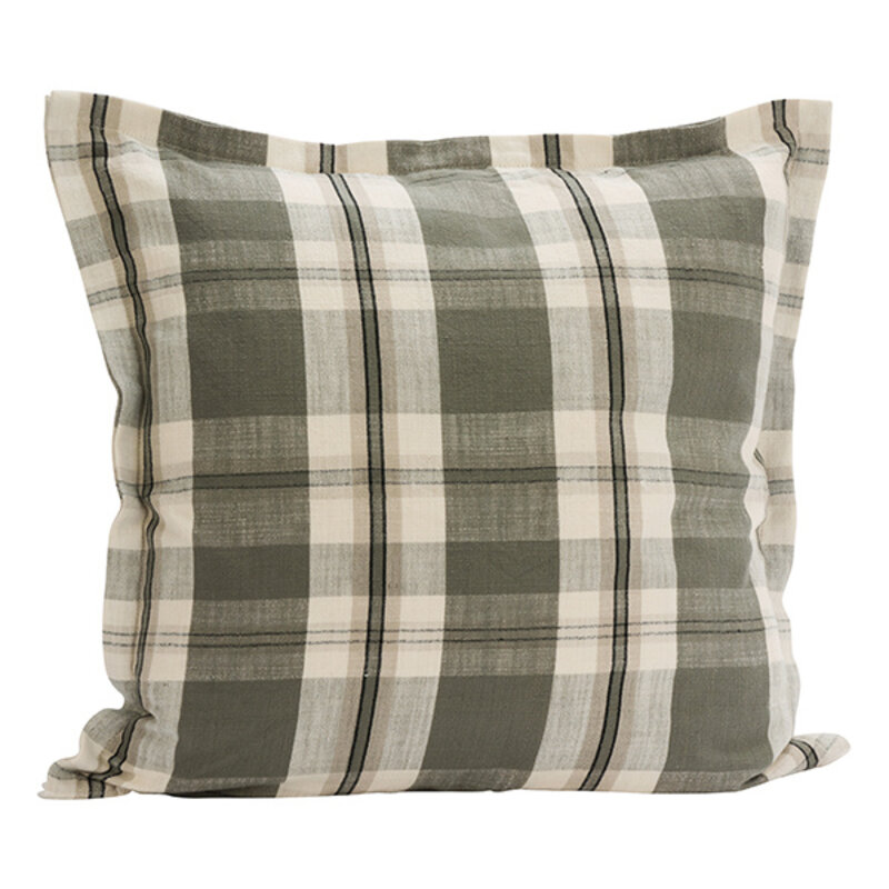 Madam Stoltz-collectie Geruite katoenen kussenhoes Khaki gebroken wit zwart