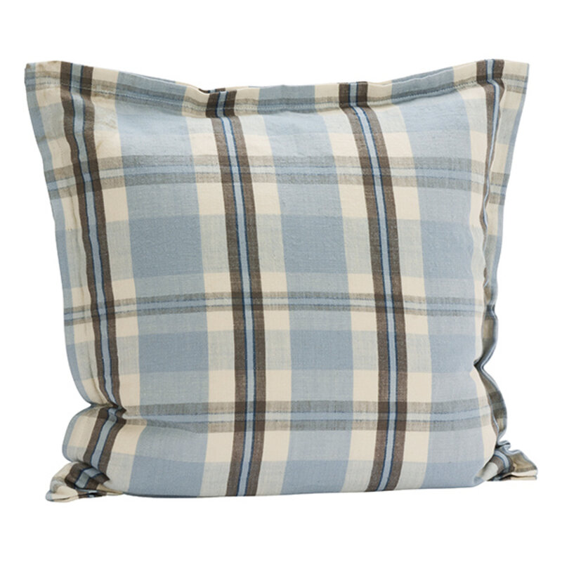 Madam Stoltz-collectie Geruite katoenen kussenhoes Lichtblauw taupe gebroken wit marineblauw