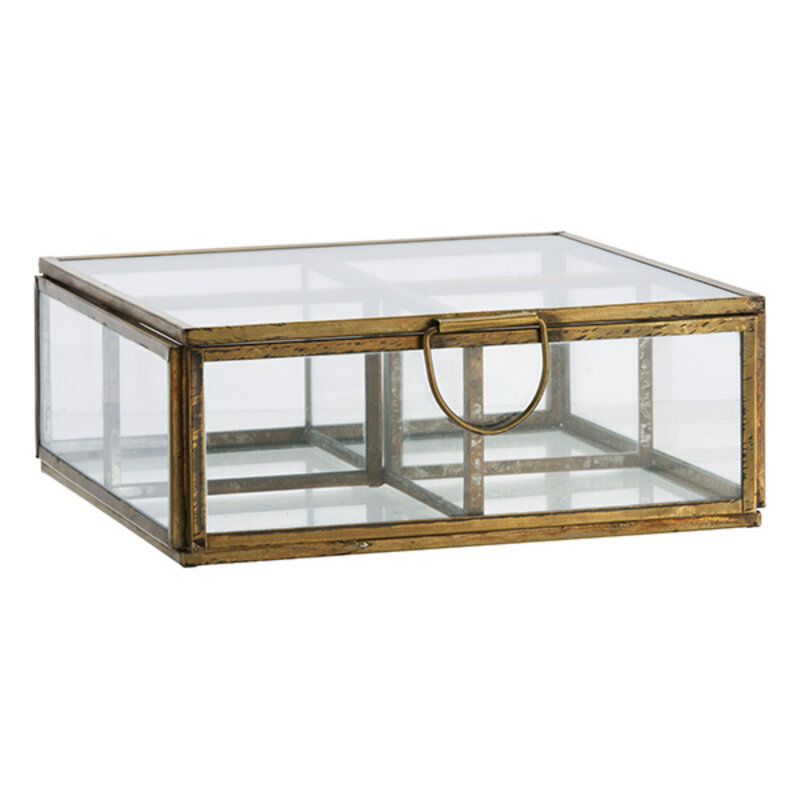 Madam Stoltz-collectie Glazen doos met vakjes Helder antiek messing