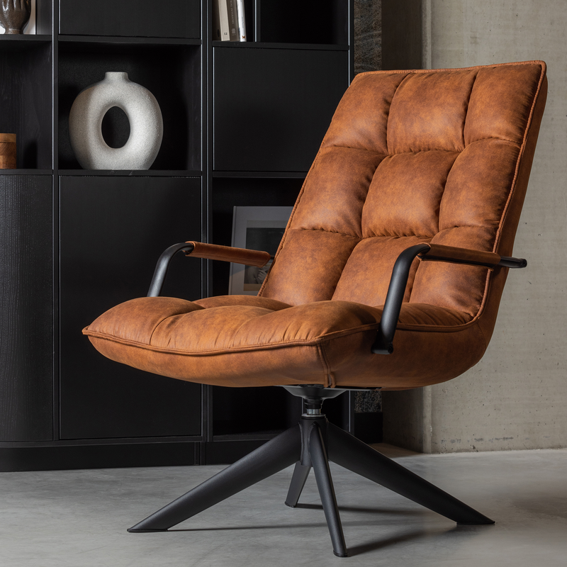 WOOOD-collectie JOUKE DRAAIFAUTEUIL MET ARMLEUNING LEERLOOK COGNAC [fsc]
