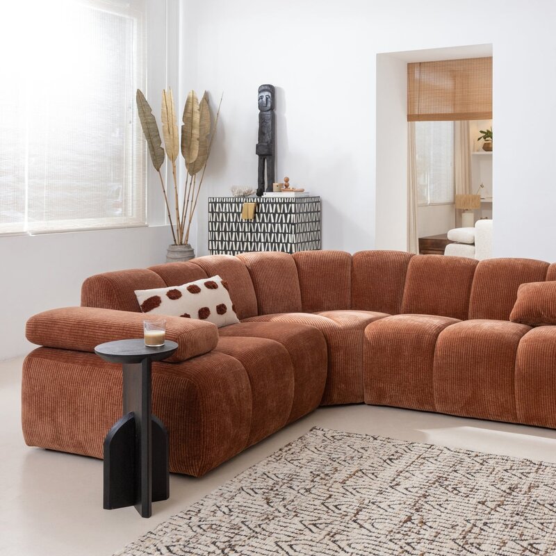 WOOOD-collectie MOJO HOEKBANK LINKS RIBSTOF ROESTBRUIN