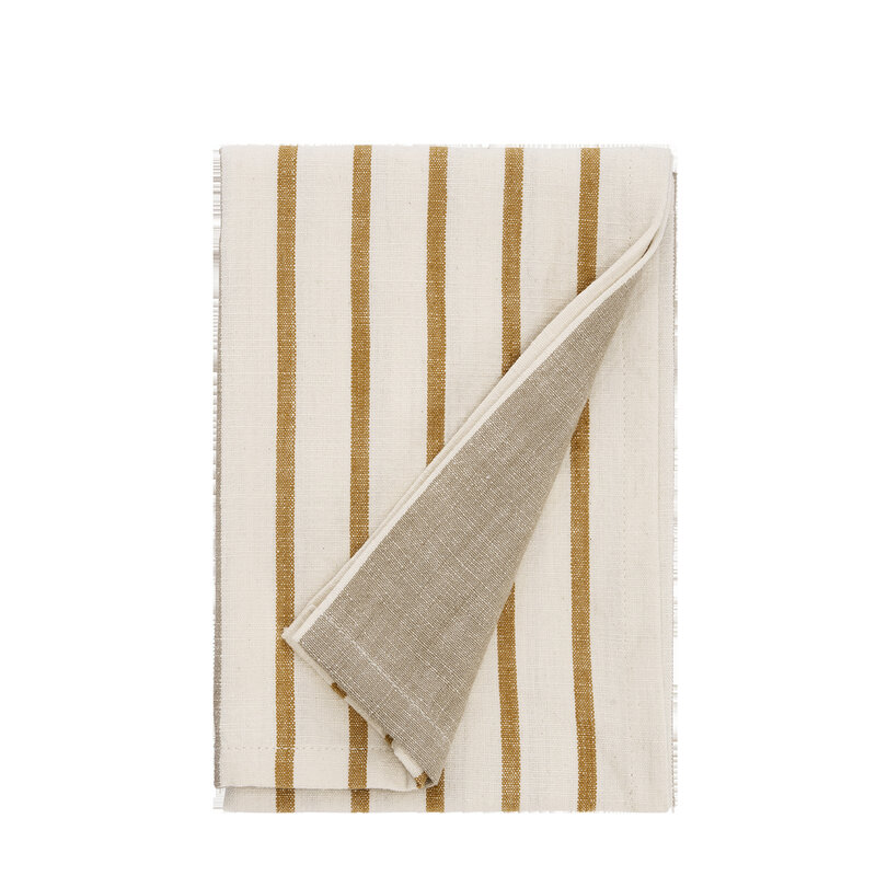 Madam Stoltz-collectie Gestreepte theedoek Taupe, curry, gebroken wit