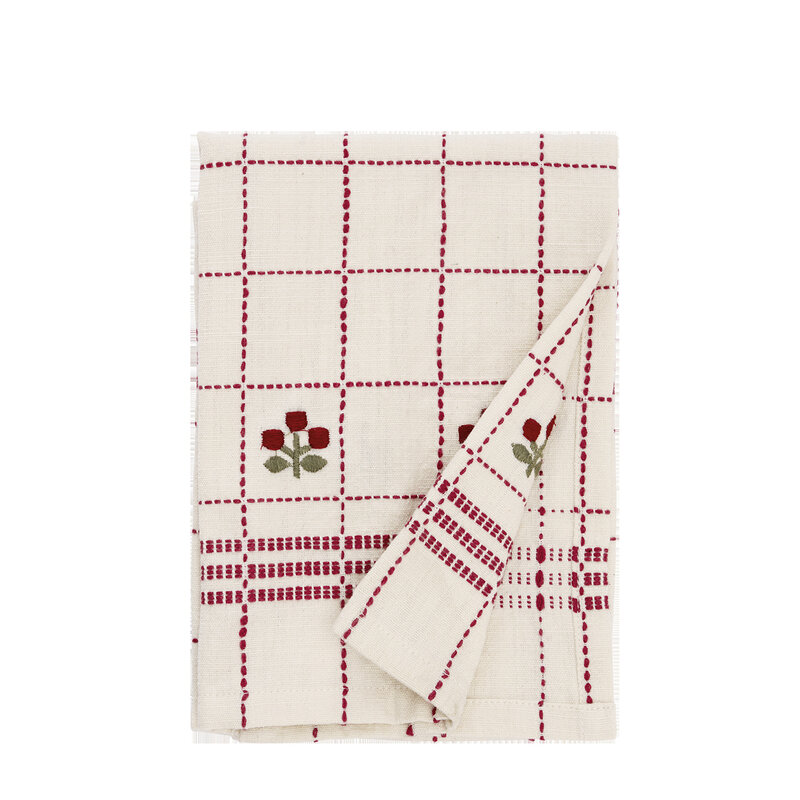 Madam Stoltz-collectie Geborduurde theedoek Gebroken wit, rood, groen