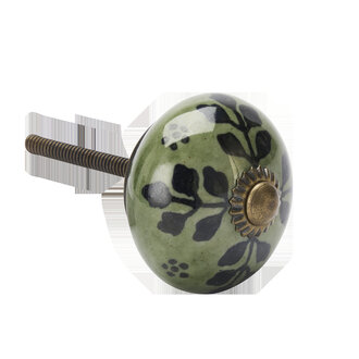 Madam Stoltz Handbeschilderde steengoed deurknop Groen, zwart, antiek messing