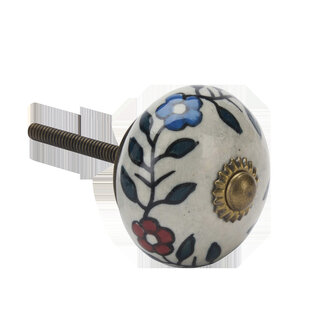 Madam Stoltz Handbeschilderde steengoed deurknop Grijs, rood, blauw, antiek messing