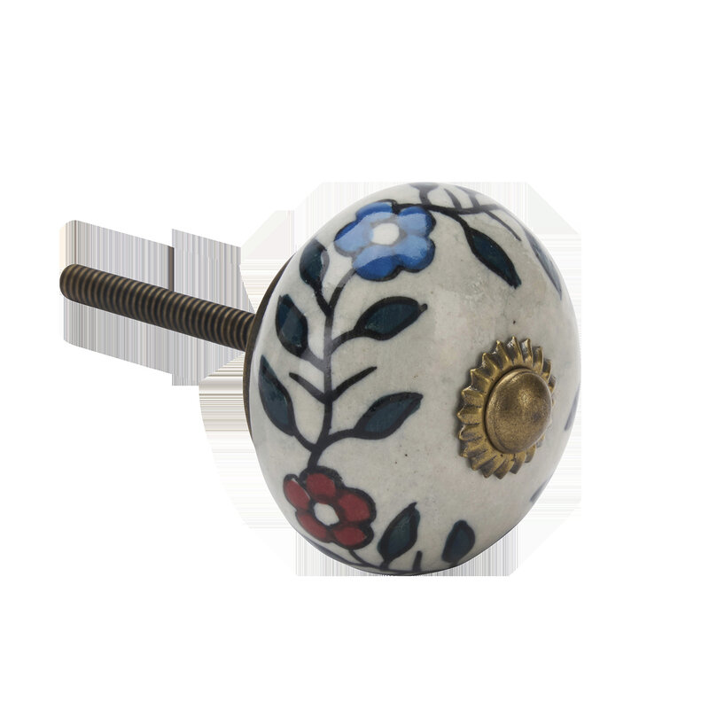 Madam Stoltz-collectie Handbeschilderde steengoed deurknop Grijs, rood, blauw, antiek messing