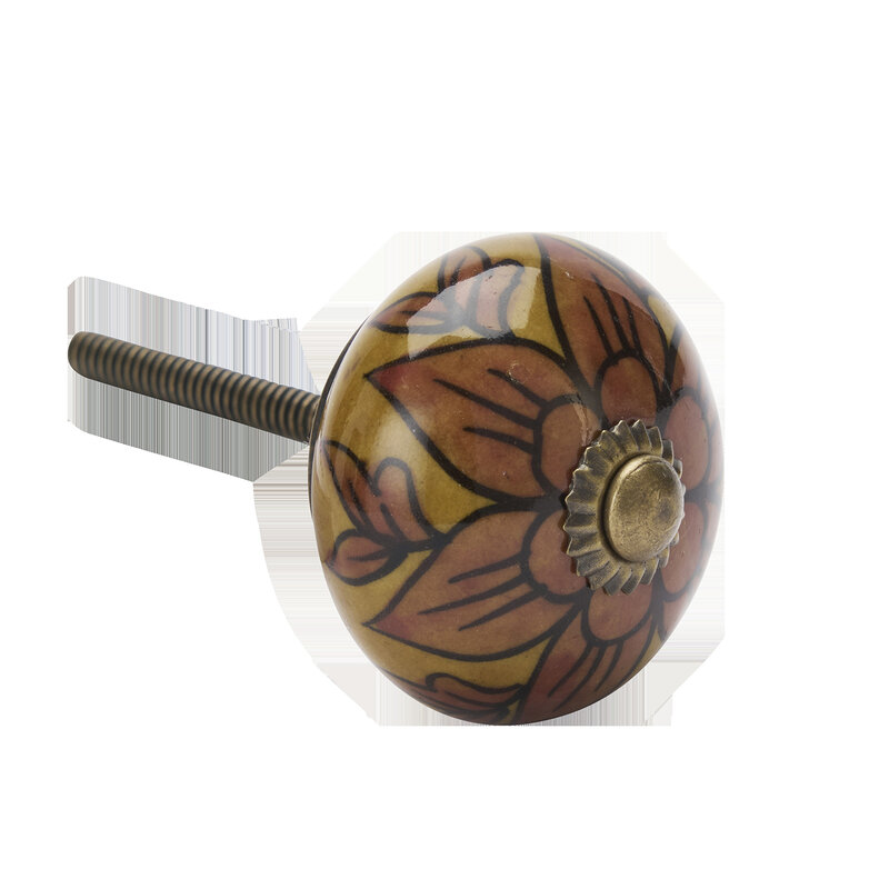 Madam Stoltz-collectie Handbeschilderde steengoed deurknop Mosterd, oranje, zwart, antiek messing