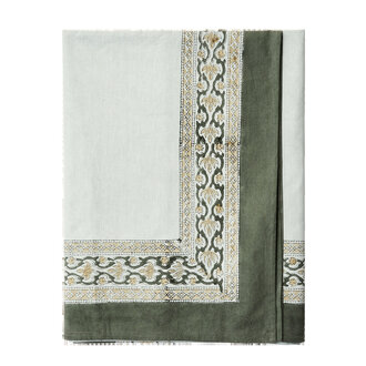 Madam Stoltz Blockprint katoenen tafelkleed Lichtgroen, beige, kaki