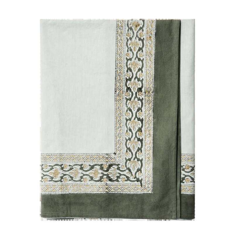 Madam Stoltz-collectie Blockprint katoenen tafelkleed Lichtgroen, beige, kaki