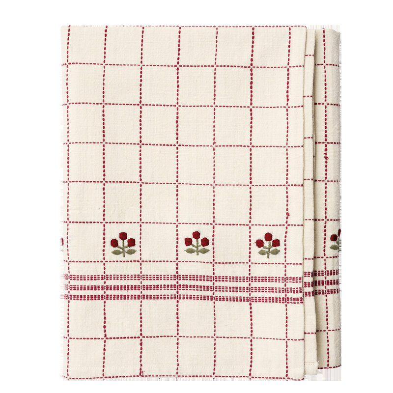 Madam Stoltz-collectie Geborduurd katoenen tafelkleed Gebroken wit, rood, groen