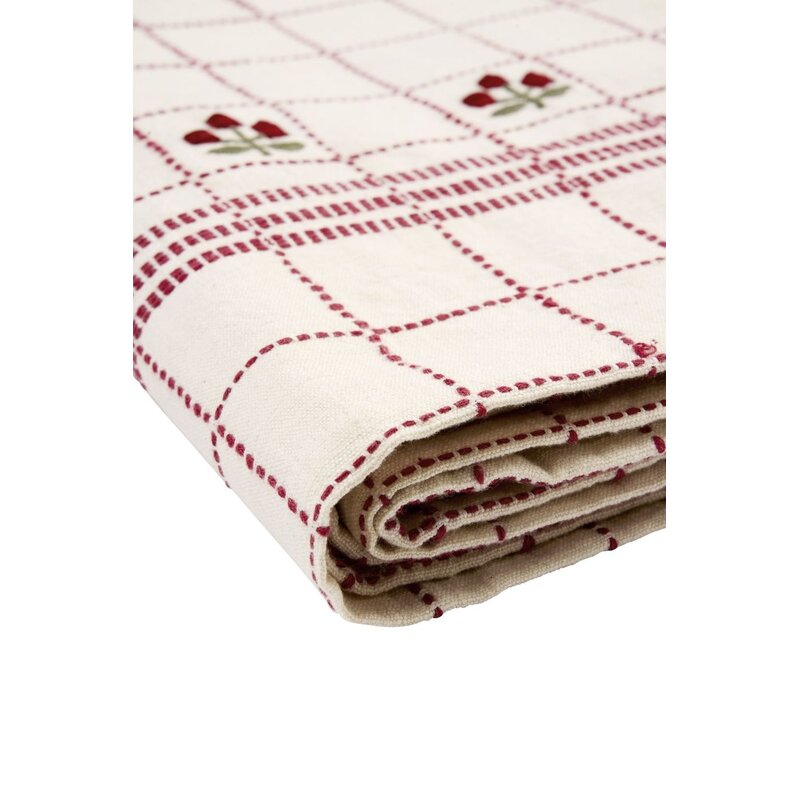 Madam Stoltz-collectie Geborduurd katoenen tafelkleed Gebroken wit, rood, groen