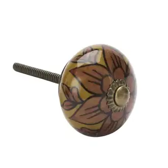 Madam Stoltz Handbeschilderde aardewerk deurknop Mosterd, oranje, zwart, antiek messing