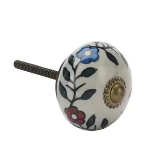 Madam Stoltz Handbeschilderde aardewerk deurknop Grijs, rood, blauw, antiek messing