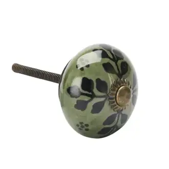 Madam Stoltz Handbeschilderde aardewerk deurknop Groen, zwart, antiek messing