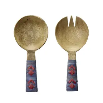 Madam Stoltz Houten saladeset met bamboe Naturel, blauw, rood