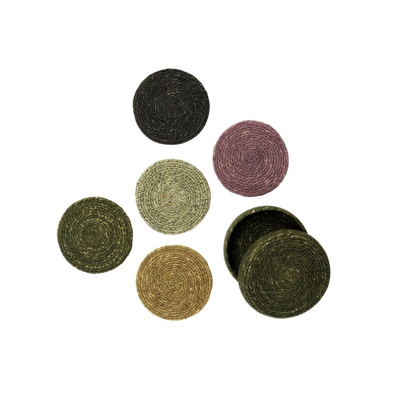Madam Stoltz-collectie Zeegras onderzetters in doos Groen, salie, houtskool, lila, naturel