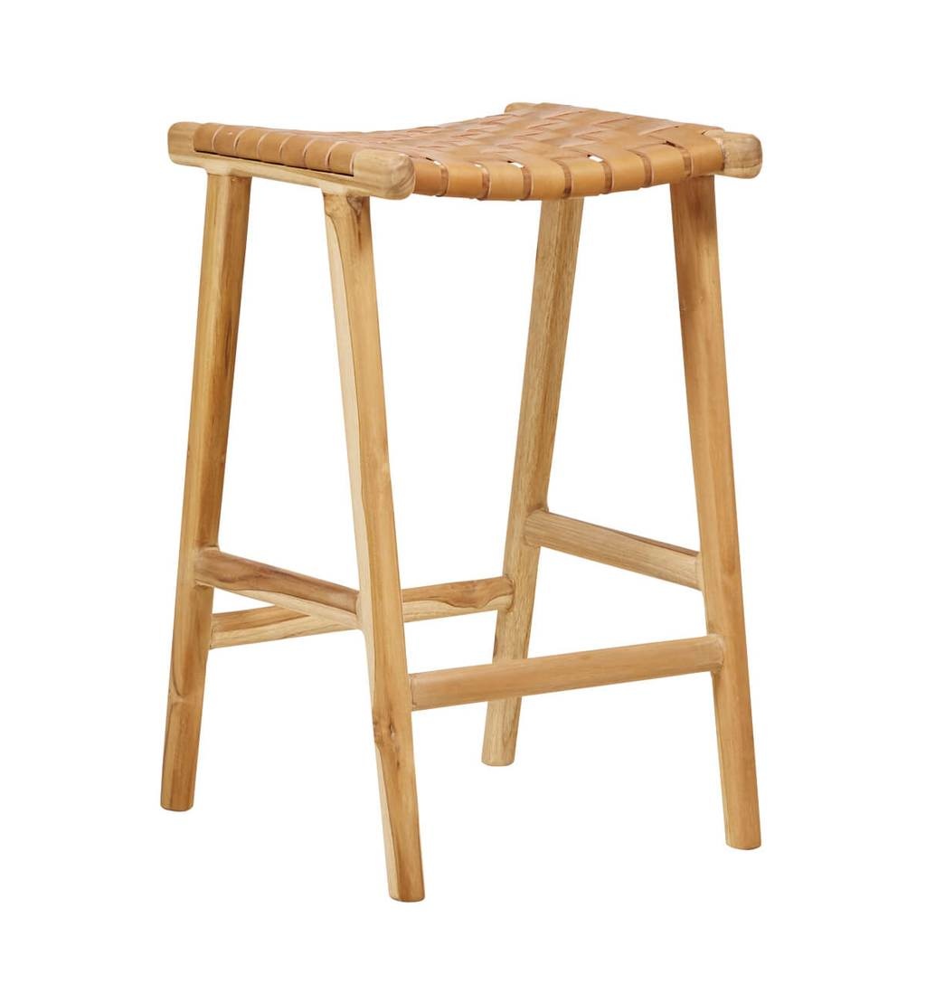 simply pure Handcrafted bar stool MARLO ( Teak & leather, colour: Tan)