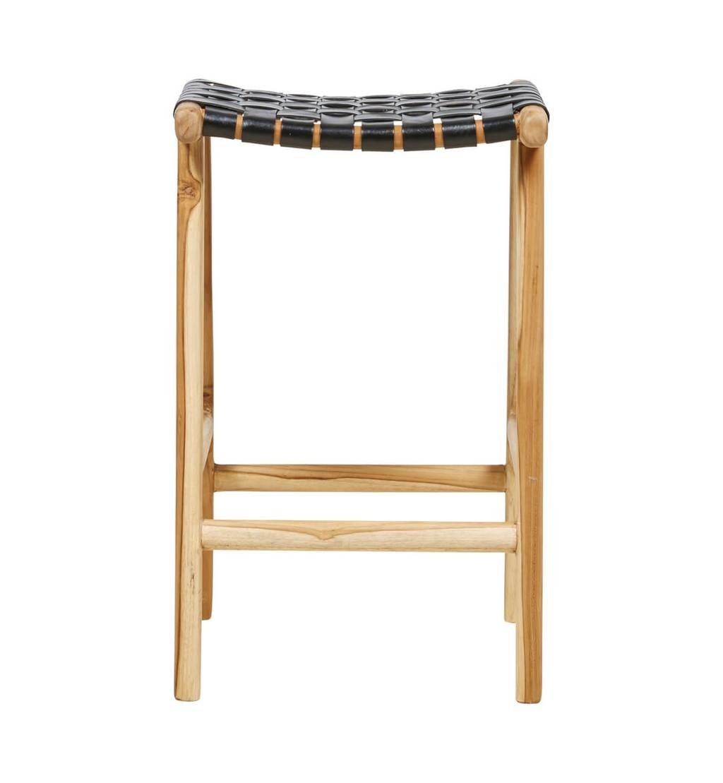 simply pure Handcrafted bar stool MARLO ( Teak & leather, colour: black)