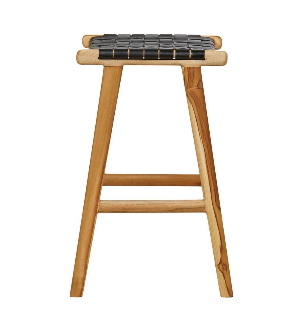 simply pure Handcrafted bar stool MARLO ( Teak & leather, colour: black)