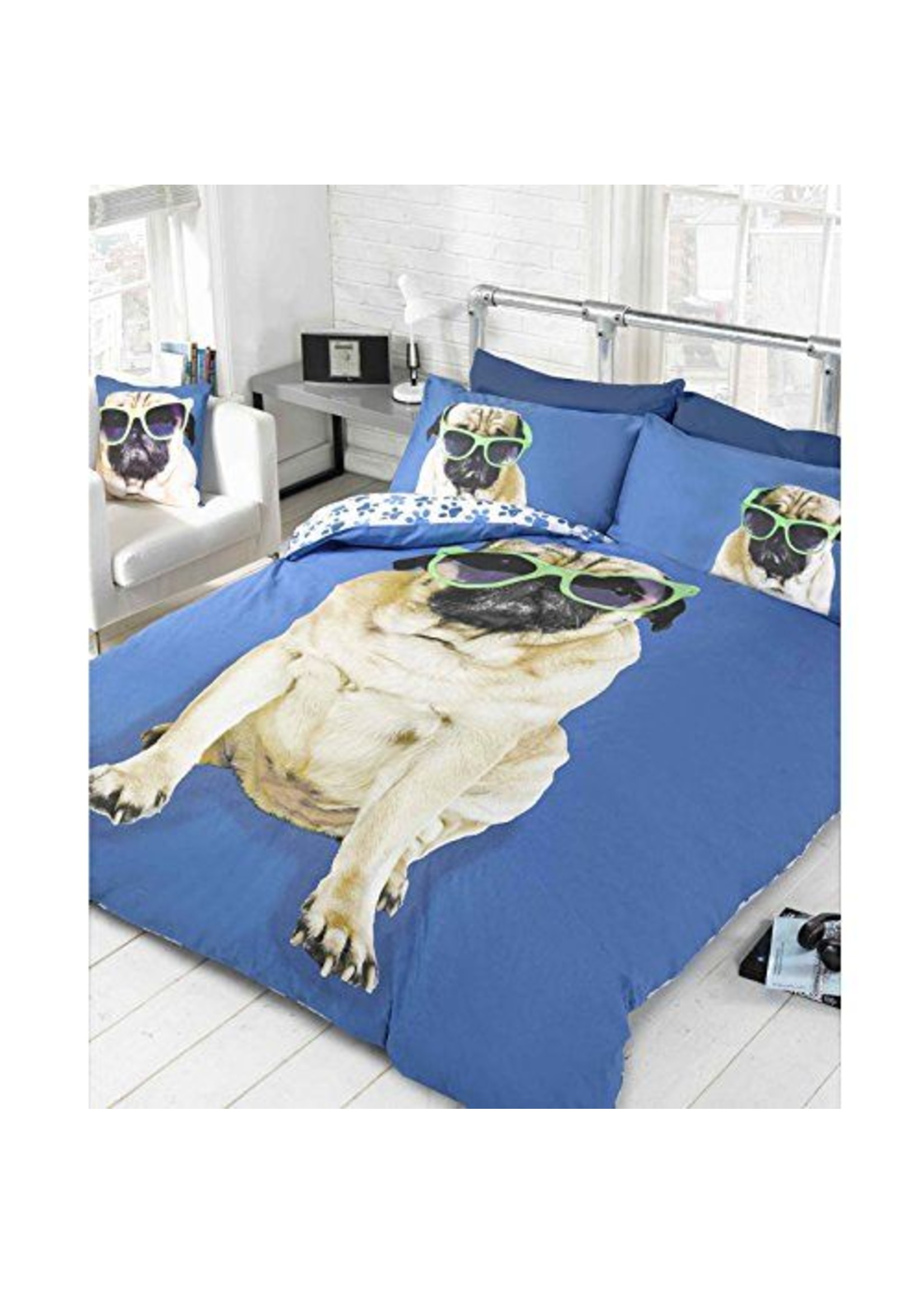 Doghouse Designs Pug Hond Blauw Dekbedovertrek Tweepersoon