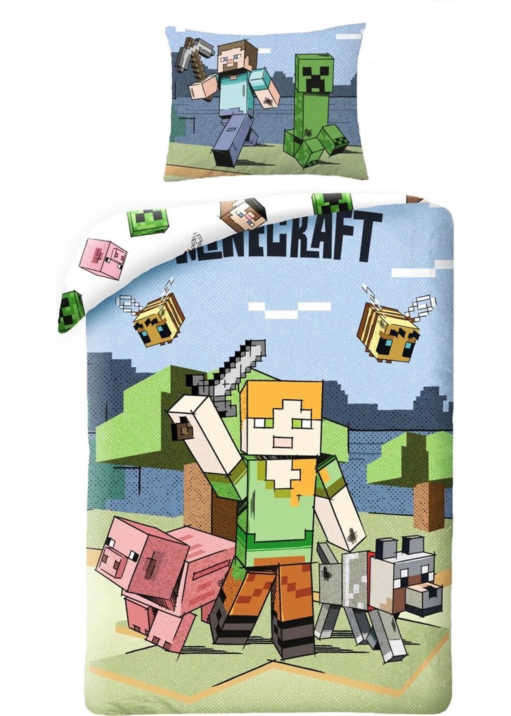 Minecraft Dekbedovertrek, Farm - Eenpersoons - 140 x 200 + 70 x 90 cm - Polyester