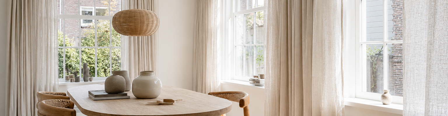 Lichte gordijnstoffen in een rustige moderne eetkamer