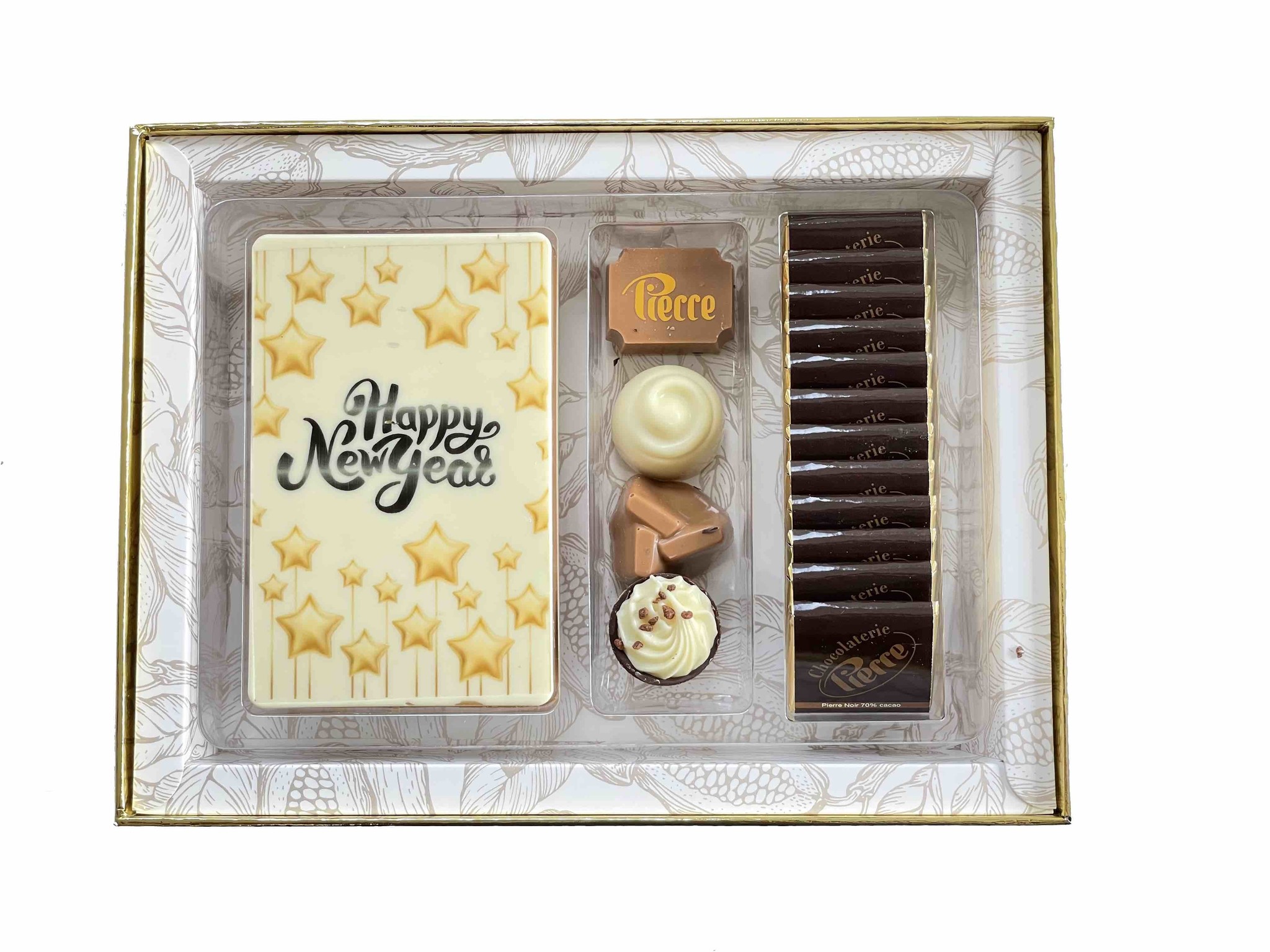 Luxe Happy New Year-box met bonbons, chocolade tablet en napolitains
