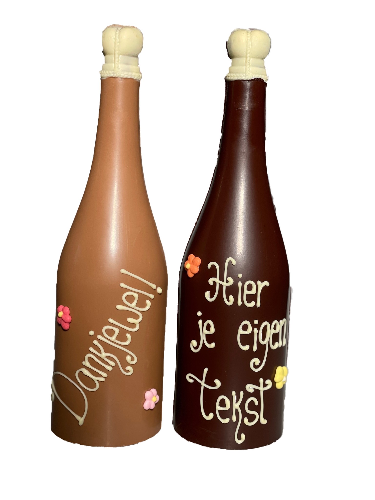 Champagnefles met tekst van chocolade