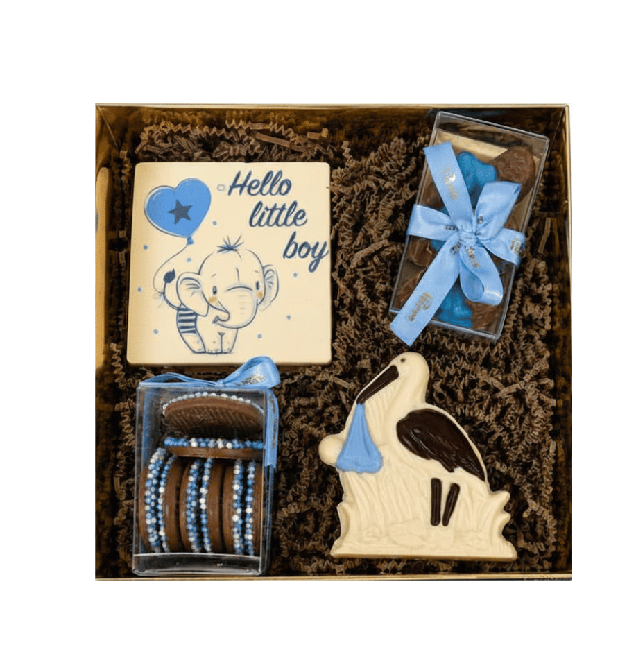 Chocolade Geboortepakket – Met Tablet, Bonbons, Ooievaar & Flikken