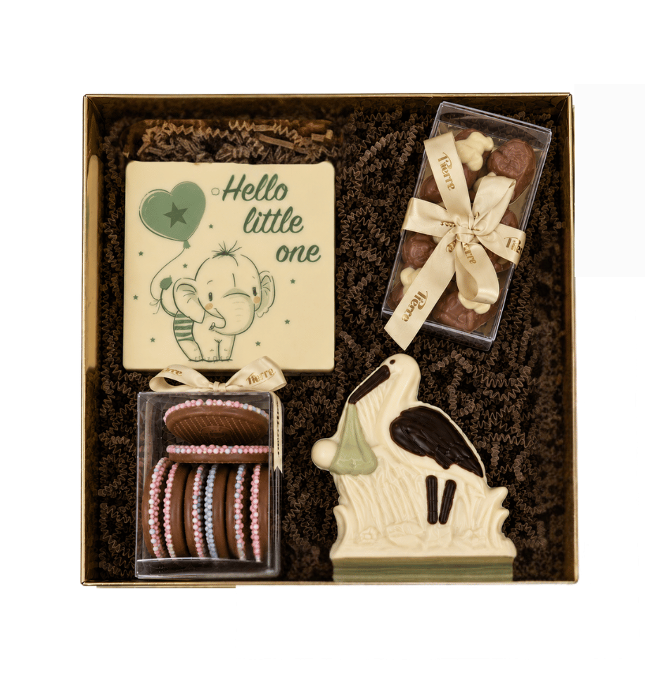 Chocolade Geboortepakket – Met Tablet, Bonbons, Ooievaar & Flikken
