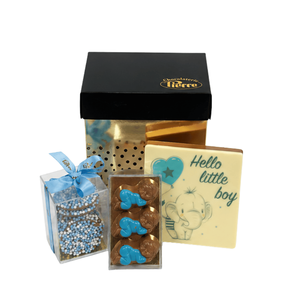 Chocolade Geboortepakket Klein – Tablet, Babybonbons & Flikken