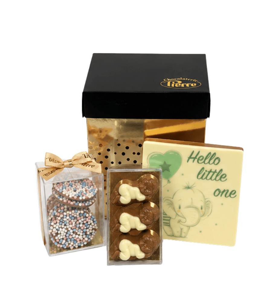 Chocolade Geboortepakket Klein – Tablet, Babybonbons & Flikken