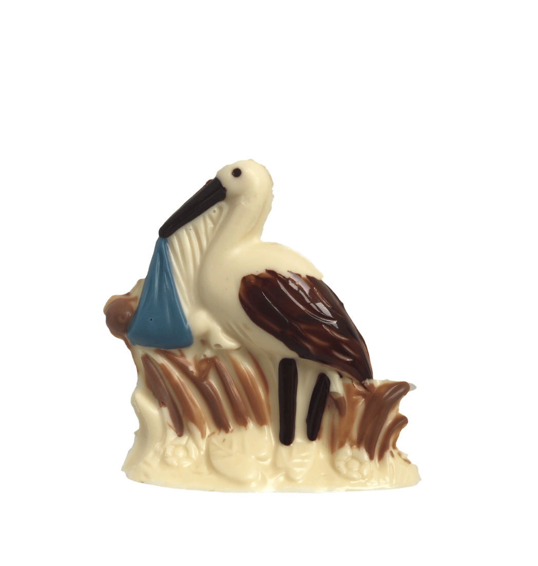 Chocolade Geboorte Ooievaar – Melk, Wit of Puur met Roze of Blauw Zakje
