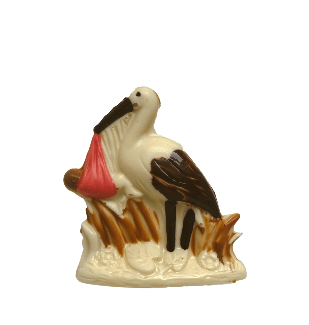 Chocolade Geboorte Ooievaar – Melk, Wit of Puur met Roze of Blauw Zakje