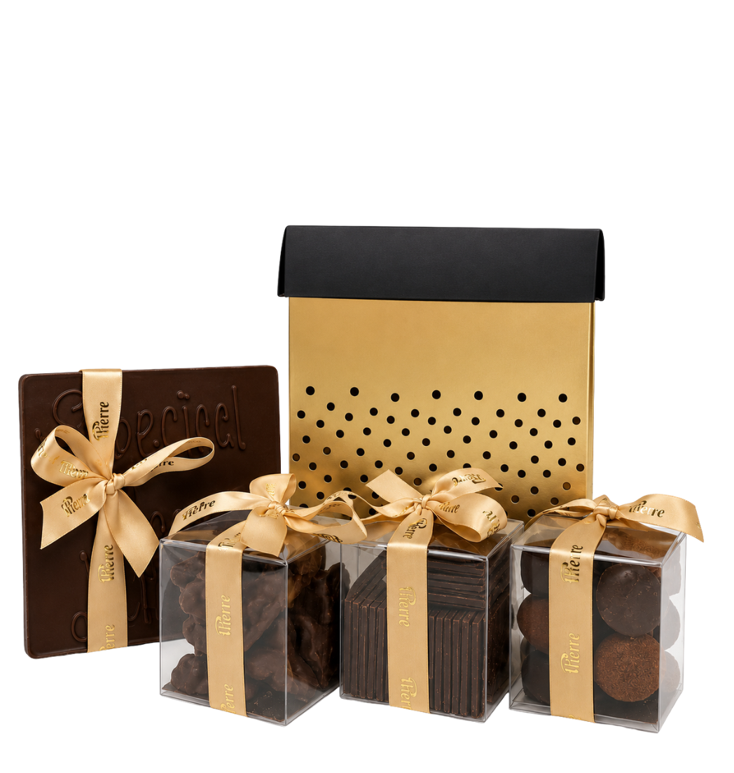Vegan Chocoladepakket – Pure Chocolade Tablet, Bonbons, Flikken & Pindarotsjes