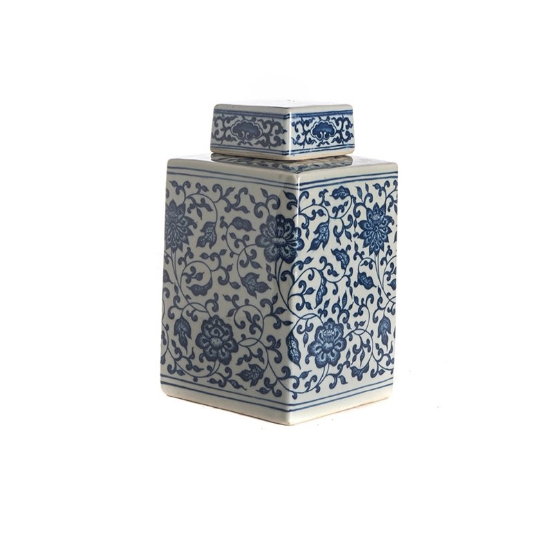 Pot with Lid (M) - Blue/White Flowers