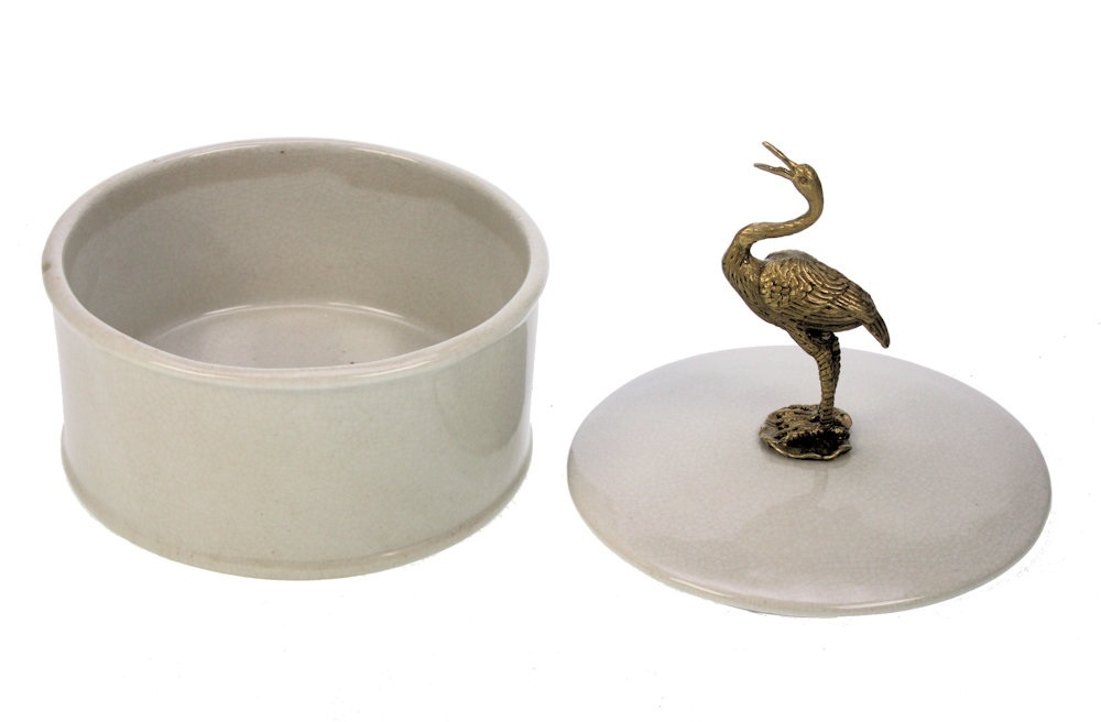 Box with Lid with Crane - White Crackle