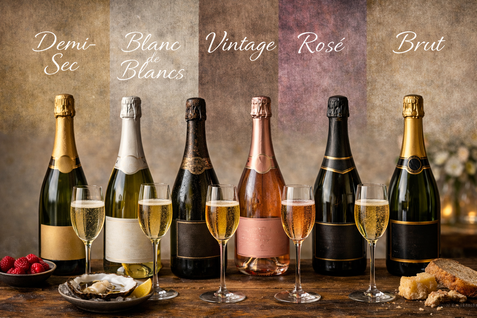 Estilos de champán explicados: Brut, Rosé, Vintage, Blanc de Blancs, Demi-Sec